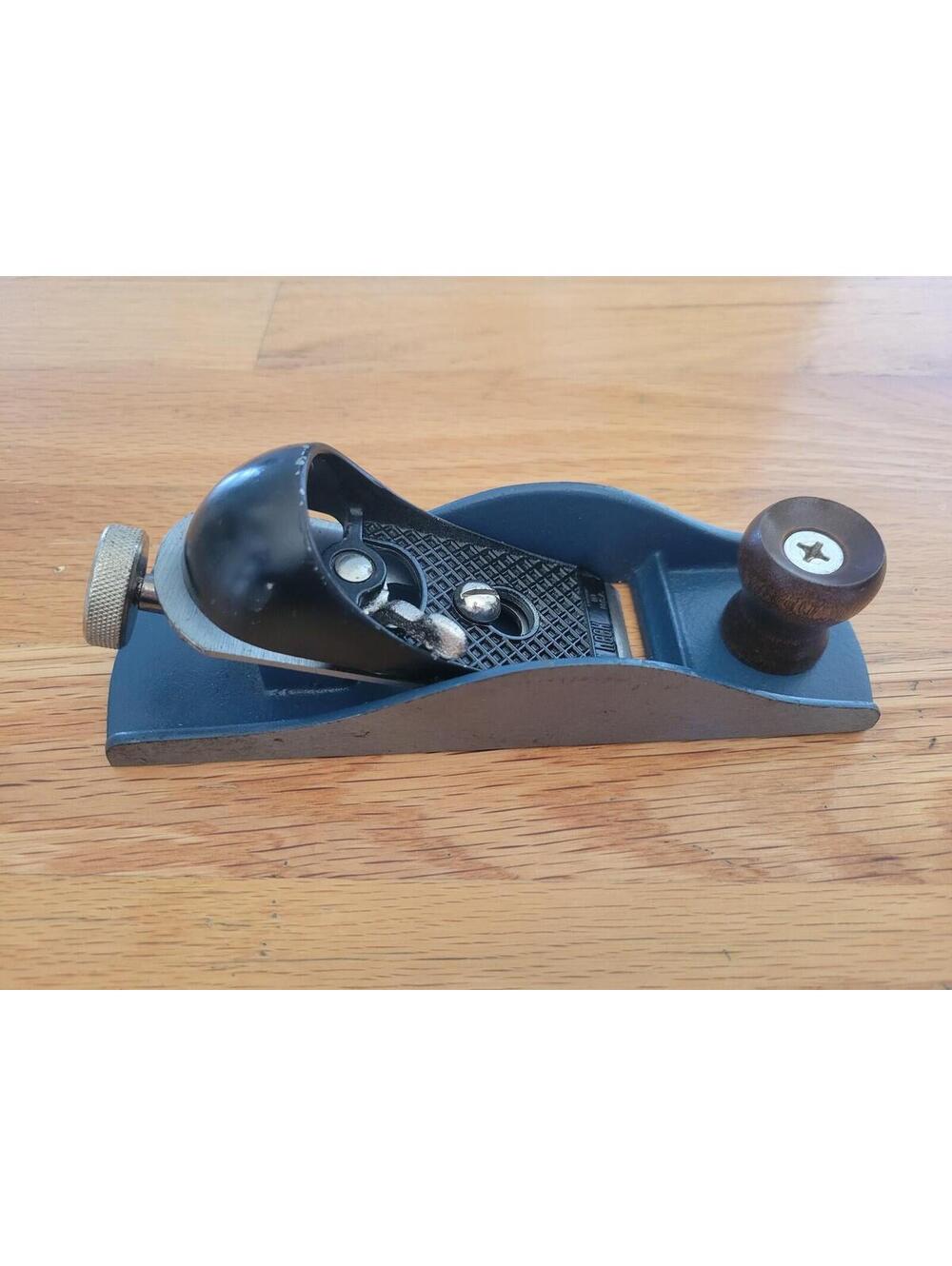 Vintage Great Neck Blue Block Plane Hand Tool Woodworking Metal Wood Handle USA